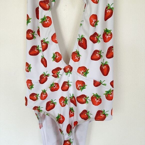 Blackmilk RARE SAMPLE All Over Strawberry Print Halter Tie Neck One-piece Swimsu - Picture 5 of 10